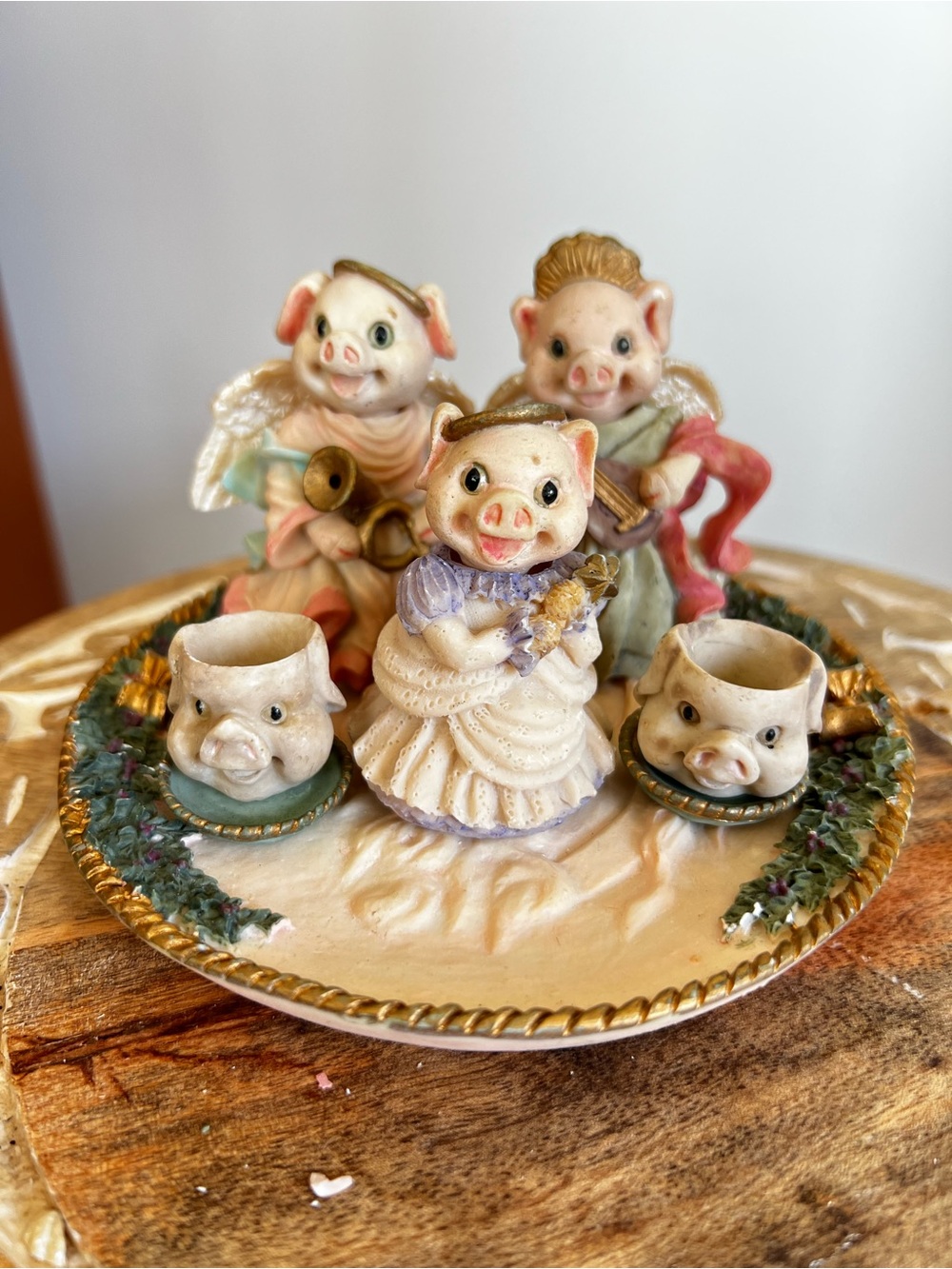 Hand-Painted Ceramic Piglet Figurine Ensemble in Pastel Colors